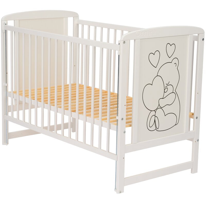 Patut din lemn bebe, 120x60 cm, Cu laterala culisanta, Din lemn de pin si mdf, Stabil si rezistent, Inaltime saltea reglabila pe 3 nivele, Laterala cu 3 bete detasabile, EN716-1, EN716-2, Alb, Qmini, Timmi Heart