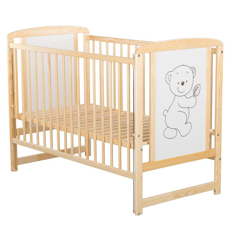 Pătuț BabyNeeds Timmi 120x60 cm natur – laterala ridicată și somiera vizibilă