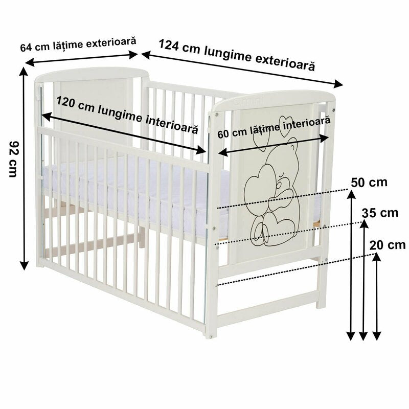Patut din lemn bebe, 120x60 cm, Cu laterala culisanta, Din lemn de pin si mdf, Stabil si rezistent, Inaltime saltea reglabila pe 3 nivele, Laterala cu 3 bete detasabile, EN716-1, EN716-2, Alb, Qmini, Timmi Heart