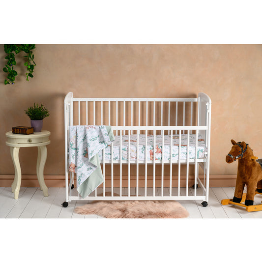 Pătuț din Lemn Qmini Timmi Elephant 120x60 cm Alb cu Laterală Culisantă + Saltea 8 cm