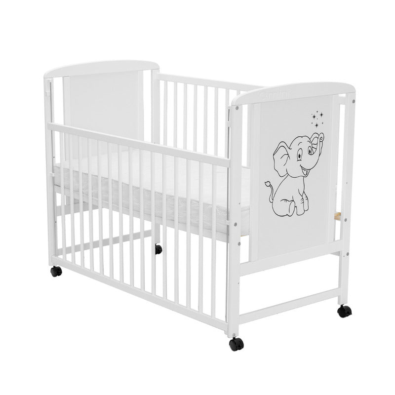 Pătuț din Lemn Qmini Timmi Elephant 120x60 cm Alb cu Laterală Culisantă + Saltea 12 cm