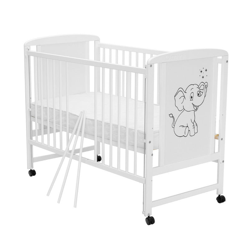 Pătuț din Lemn Qmini Timmi Elephant 120x60 cm Alb cu Laterală Culisantă + Saltea 12 cm
