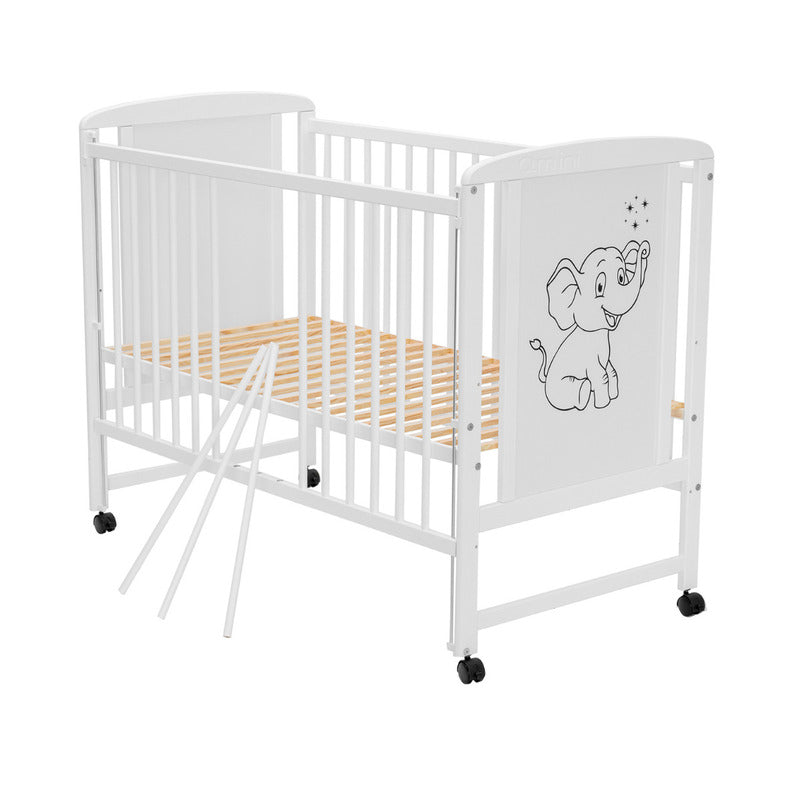 Pătuț din Lemn Qmini Timmi Elephant 120x60 cm Alb cu Laterală Culisantă + Saltea 12 cm