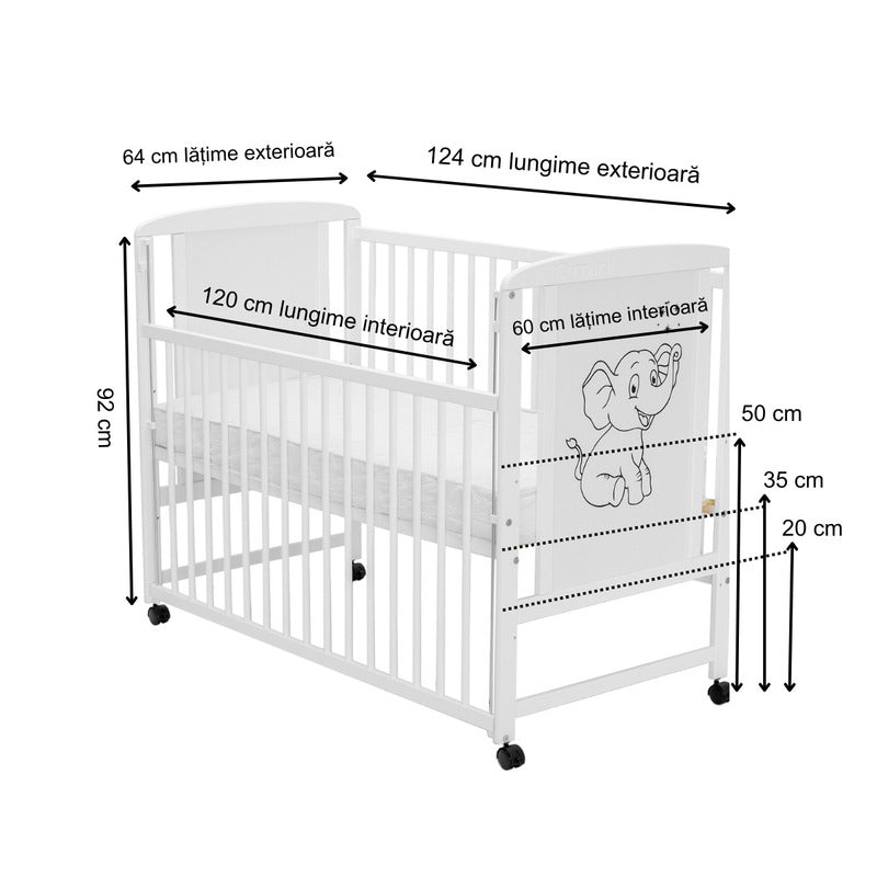 Pătuț din Lemn Qmini Timmi Elephant 120x60 cm Alb cu Laterală Culisantă + Saltea 10 cm