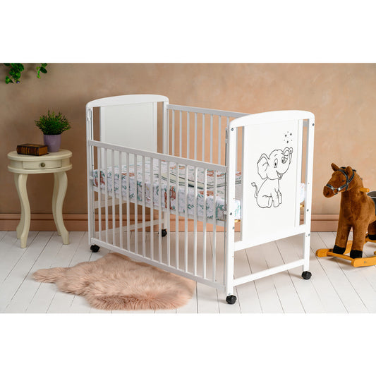 Pătuț din Lemn Qmini Timmi Elephant 120x60 cm Alb cu Laterală Culisantă + Saltea 12 cm