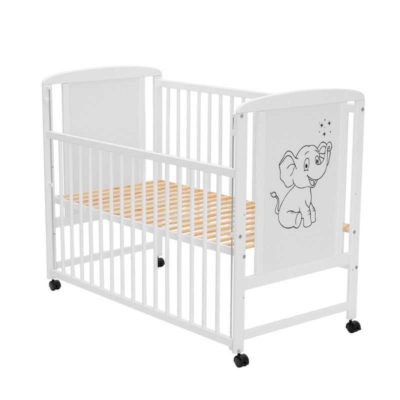 Pătuț din Lemn Qmini Timmi Elephant 120x60 cm Alb cu Laterală Culisantă + Saltea 8 cm