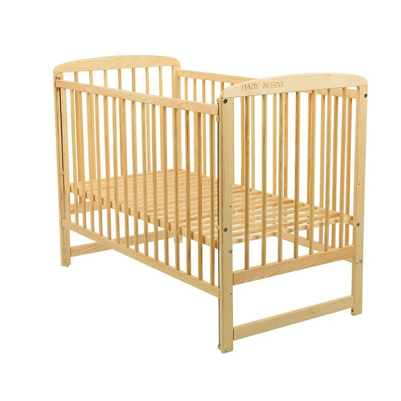 Patut din lemn bebe, 120x60 cm, Cu laterala culisanta, Din lemn de pin, Stabil si rezistent, Inaltime saltea reglabila pe 3 nivele, Laterala cu 3 bete detasabile, EN716-1, EN716-2, Natur, Babyneeds, Ola + Saltea 10 cm