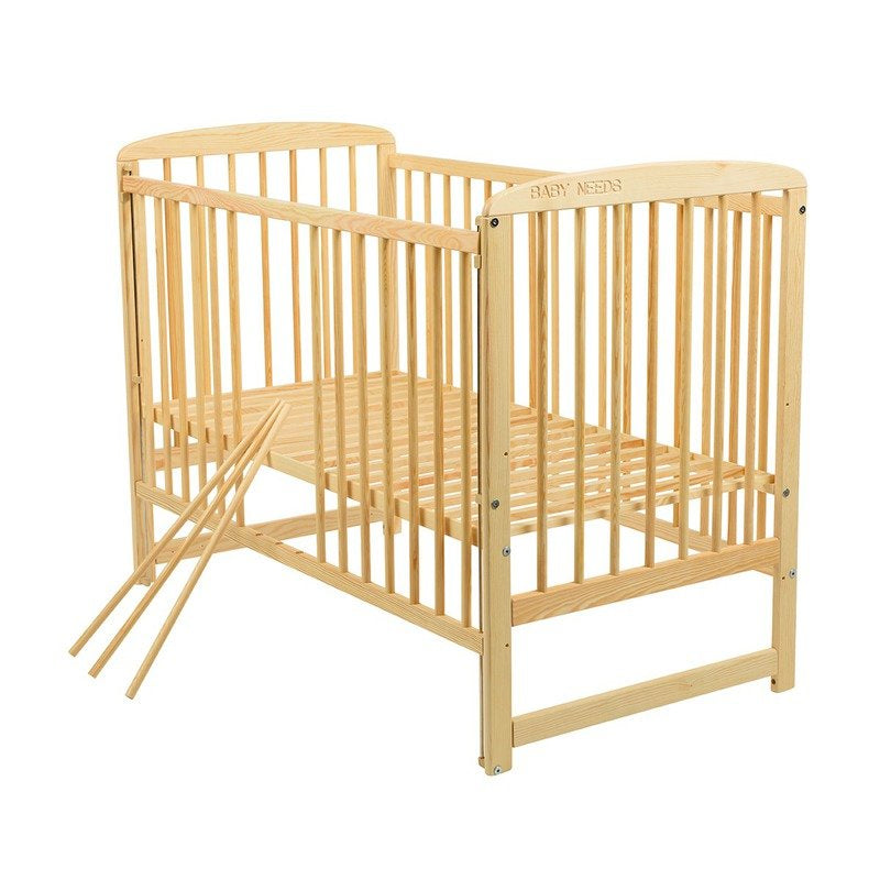 Patut din lemn bebe, 120x60 cm, Cu laterala culisanta, Din lemn de pin, Stabil si rezistent, Inaltime saltea reglabila pe 3 nivele, Laterala cu 3 bete detasabile, EN716-1, EN716-2, Natur, Babyneeds, Ola