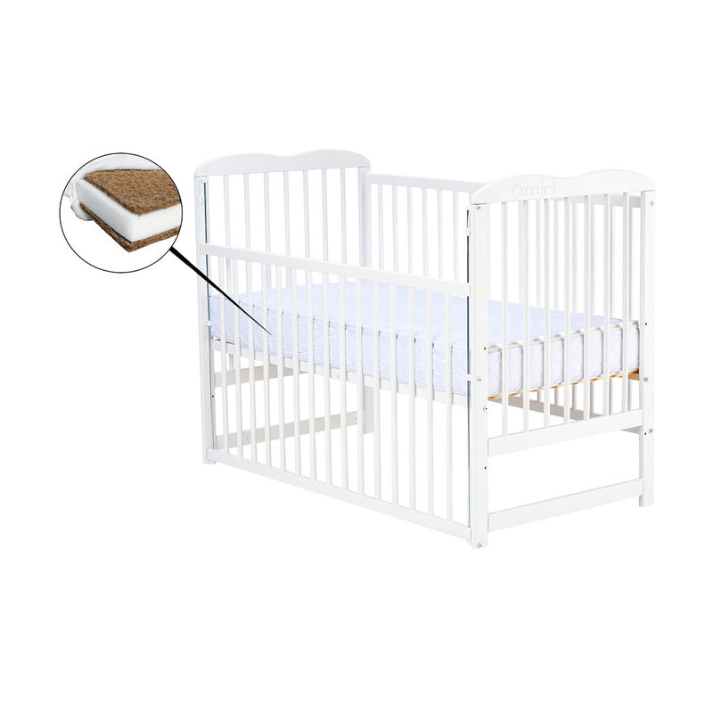 Patut din lemn bebe, 120x60 cm, Cu laterala culisanta, Din lemn de pin, Stabil si rezistent, Inaltime saltea reglabila pe 3 nivele, Laterala cu 3 bete detasabile, EN716-1, EN716-2, Alb, Qmini, Agata + Saltea 10 cm