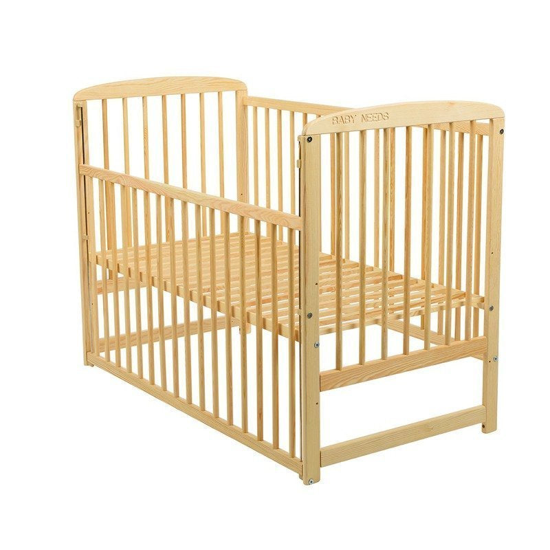 Patut din lemn bebe, 120x60 cm, Cu laterala culisanta, Din lemn de pin, Stabil si rezistent, Inaltime saltea reglabila pe 3 nivele, Laterala cu 3 bete detasabile, EN716-1, EN716-2, Natur, Babyneeds, Ola + Saltea 8 cm