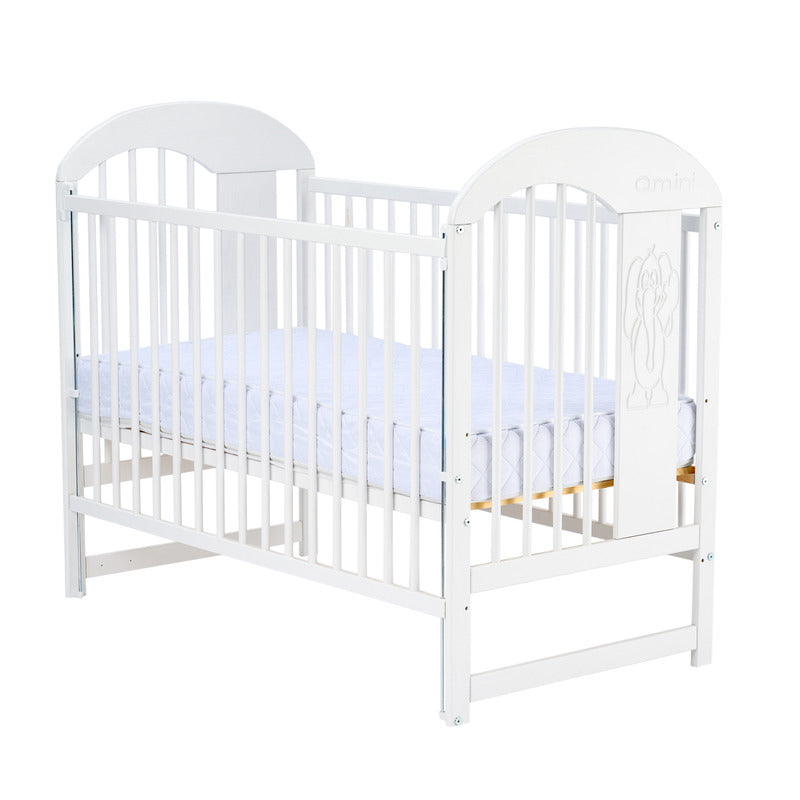 Patut din lemn bebe, 120x60 cm, Cu laterala culisanta, Din lemn de pin, Stabil si rezistent, Inaltime saltea reglabila pe 3 nivele, Laterala cu 3 bete detasabile, EN716-1, EN716-2, Alb, Qmini, Julia II, Elefantel