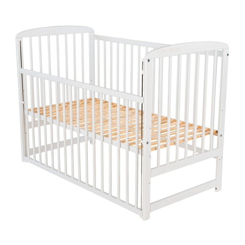 Patut din lemn bebe, 120x60 cm, Cu laterala culisanta, Din lemn de pin, Stabil si rezistent, Inaltime saltea reglabila pe 3 nivele, Laterala cu 3 bete detasabile, EN716-1, EN716-2, Alb, Babyneeds, Ola + Saltea 12 cm