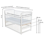 Pătuț BabyNeeds Ola 120x60 cm alb – schemă cu dimensiunile și reglajele somierei