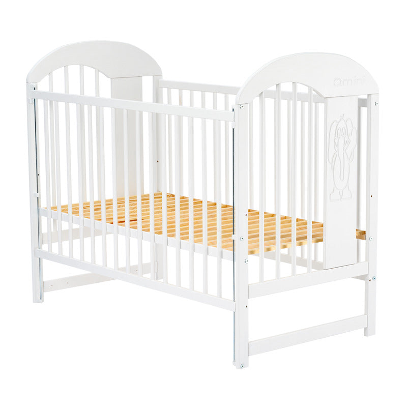 Patut din lemn bebe, 120x60 cm, Cu laterala culisanta, Din lemn de pin, Stabil si rezistent, Inaltime saltea reglabila pe 3 nivele, Laterala cu 3 bete detasabile, EN716-1, EN716-2, Alb, Qmini, Julia II, Elefantel