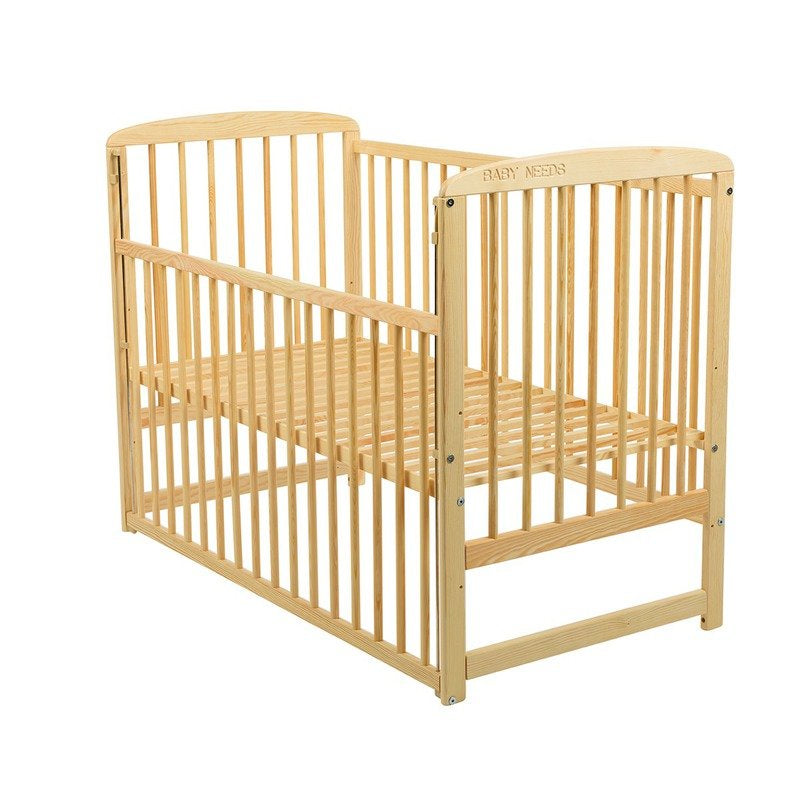Patut din lemn bebe, 120x60 cm, Cu laterala culisanta, Din lemn de pin, Stabil si rezistent, Inaltime saltea reglabila pe 3 nivele, Laterala cu 3 bete detasabile, EN716-1, EN716-2, Natur, Babyneeds, Ola + Saltea 10 cm