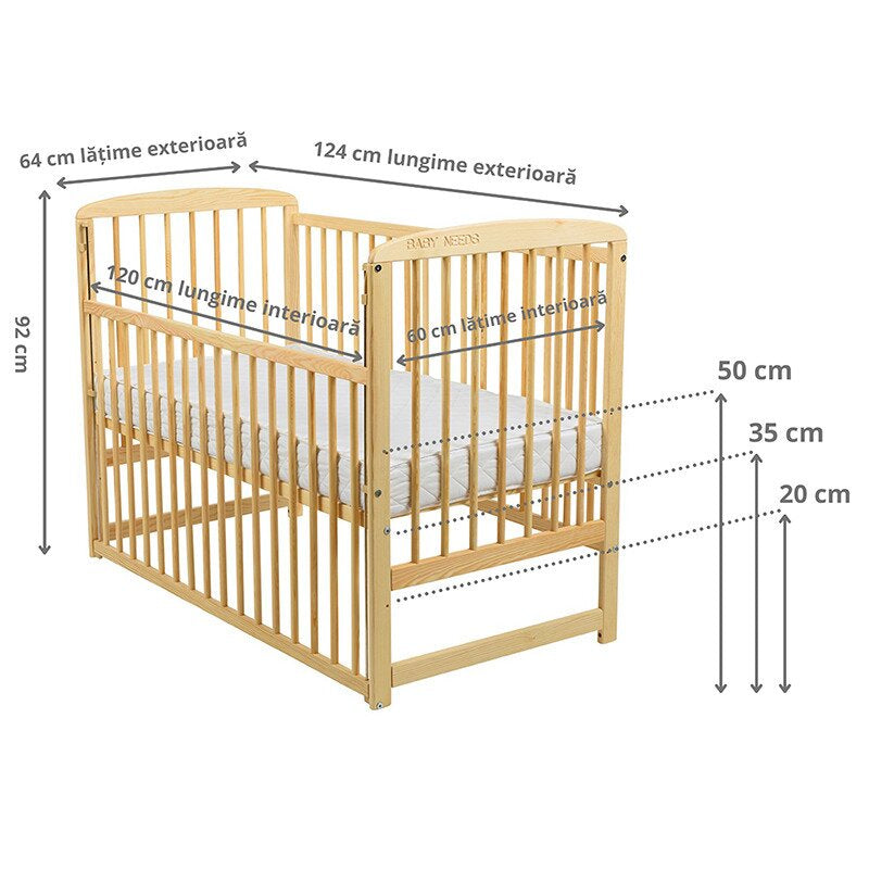 Pătuț BabyNeeds Ola 120x60 cm natur – schemă cu dimensiunile și înălțimile somierei