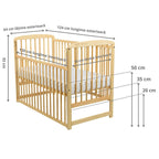 Pătuț BabyNeeds Ola 120x60 cm natur – schemă cu dimensiunile și înălțimile somierei