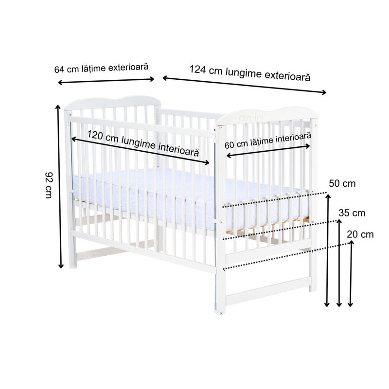 Patut din lemn bebe, 120x60 cm, Cu laterala culisanta, Din lemn de pin, Stabil si rezistent, Inaltime saltea reglabila pe 3 nivele, Laterala cu 3 bete detasabile, EN716-1, EN716-2, Alb, Qmini, Agata + Saltea 8 cm