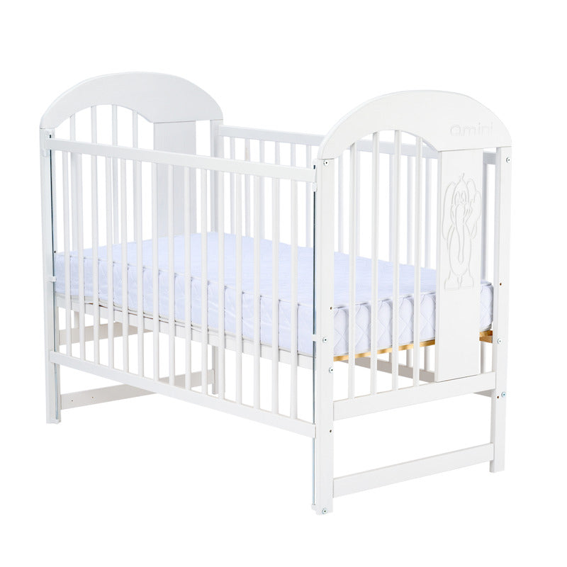 Patut din lemn bebe, 120x60 cm, Cu laterala culisanta, Din lemn de pin, Stabil si rezistent, Inaltime saltea reglabila pe 3 nivele, Laterala cu 3 bete detasabile, EN716-1, EN716-2, Alb, Qmini, Julia II, Elefantel + Saltea 8 cm