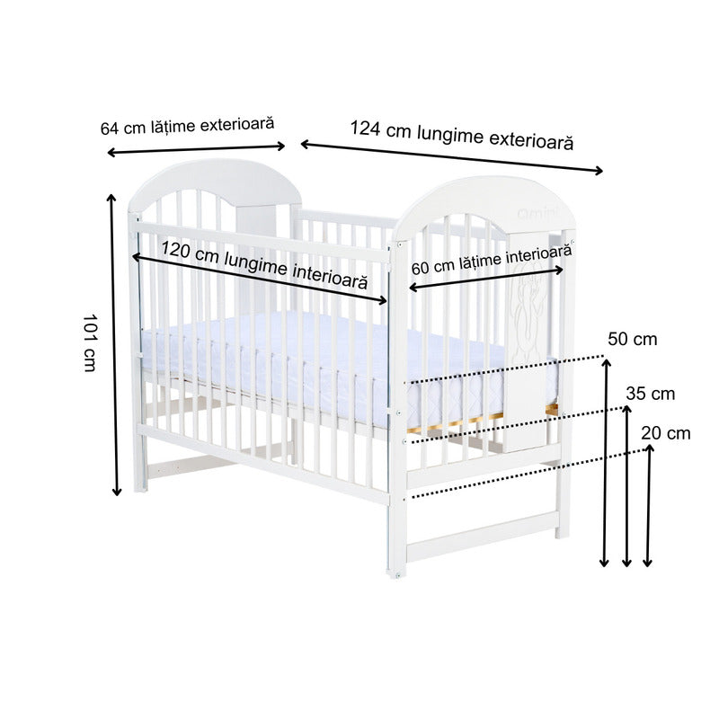 Patut din lemn bebe, 120x60 cm, Cu laterala culisanta, Din lemn de pin, Stabil si rezistent, Inaltime saltea reglabila pe 3 nivele, Laterala cu 3 bete detasabile, EN716-1, EN716-2, Alb, Qmini, Julia II, Elefantel + Saltea 10 cm