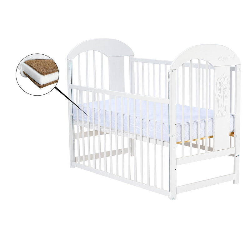Patut din lemn bebe, 120x60 cm, Cu laterala culisanta, Din lemn de pin, Stabil si rezistent, Inaltime saltea reglabila pe 3 nivele, Laterala cu 3 bete detasabile, EN716-1, EN716-2, Alb, Qmini, Julia II, Elefantel + Saltea 10 cm