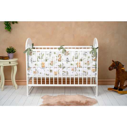 Patut din lemn bebe, 120x60 cm, Cu laterala culisanta, Din lemn de pin, Stabil si rezistent, Inaltime saltea reglabila pe 3 nivele, Laterala cu 3 bete detasabile, EN716-1, EN716-2, Alb, Qmini, Julia II, Elefantel + Saltea 8 cm