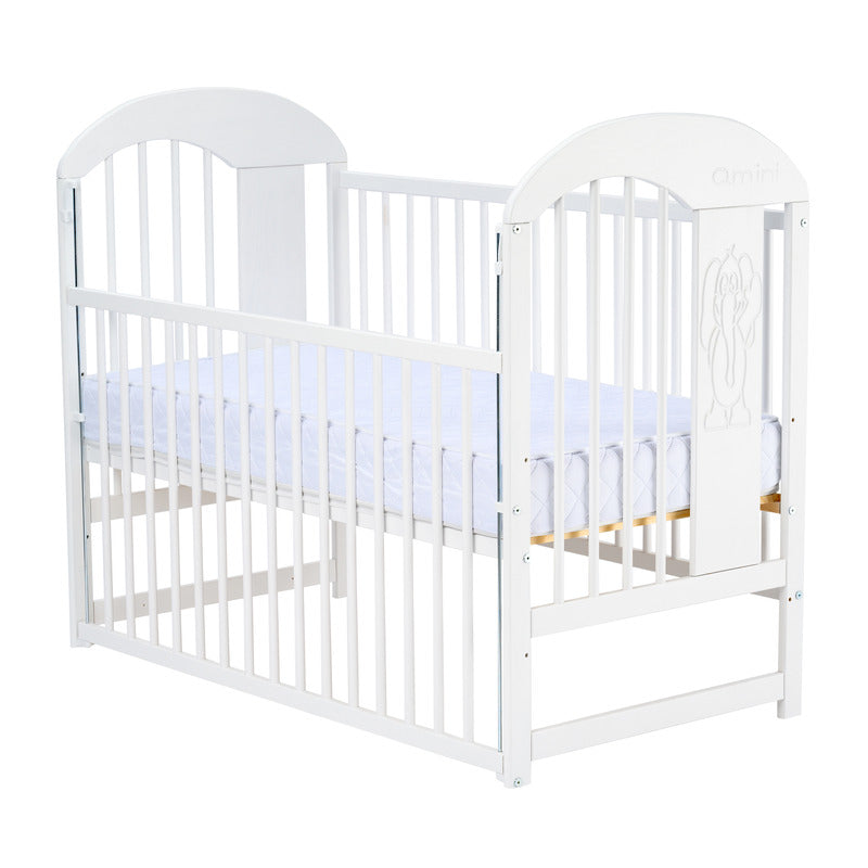 Patut din lemn bebe, 120x60 cm, Cu laterala culisanta, Din lemn de pin, Stabil si rezistent, Inaltime saltea reglabila pe 3 nivele, Laterala cu 3 bete detasabile, EN716-1, EN716-2, Alb, Qmini, Julia II, Elefantel + Saltea 12 cm