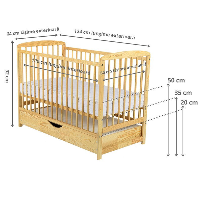 Pătuț BabyNeeds Ola 120x60 cm natur – schemă cu dimensiunile și înălțimile somierei