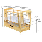 Pătuț BabyNeeds Ola 120x60 cm natur – schemă cu dimensiunile și înălțimile somierei