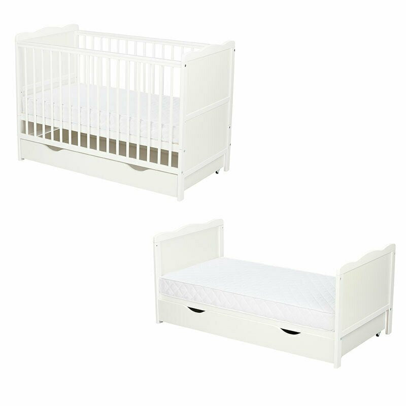 Patut din lemn bebe, 120x60 cm, Cu sertar, Cu sina speciala pentru dentitie, Multifunctional, EN716-1, EN716-2, Alb, Qmini, Julia