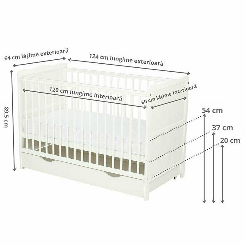 Patut din lemn bebe, 120x60 cm, Cu sertar, Cu sina speciala pentru dentitie, Multifunctional, EN716-1, EN716-2, Alb, Qmini, Julia + Saltea 12 cm