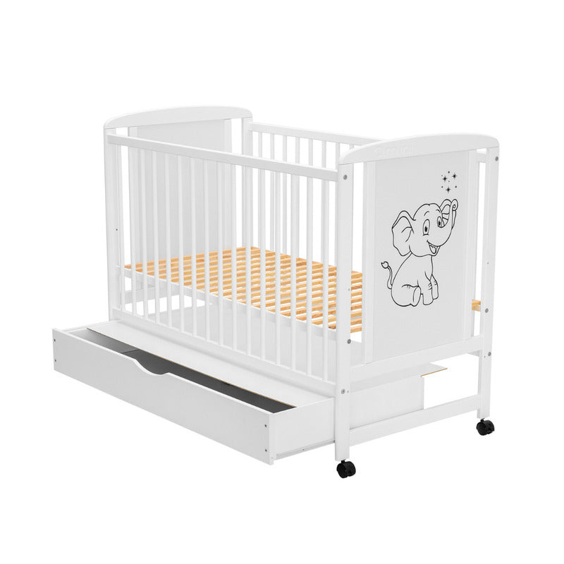 Patut din lemn bebe, 120x60 cm, Cu sertar, Din lemn de pin si mdf, Stabil si rezistent, Inaltime saltea reglabila pe 3 nivele, Laterala cu 3 bete detasabile, EN716-1, EN716-2, Alb, Qmini, Timmi Elephant + Saltea 10 cm