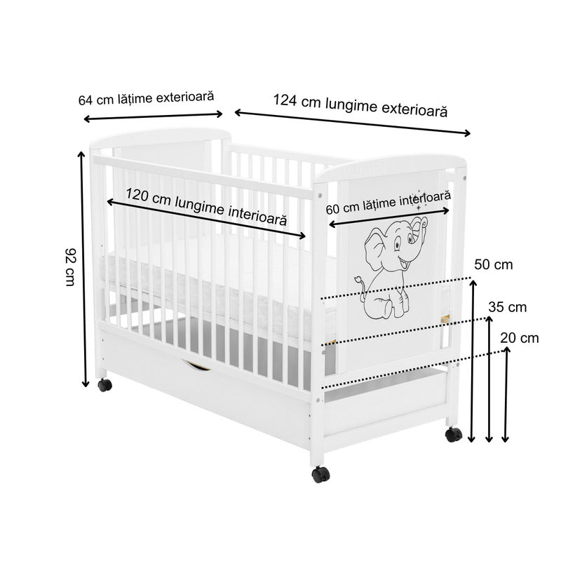 Patut din lemn bebe, 120x60 cm, Cu sertar, Din lemn de pin si mdf, Stabil si rezistent, Inaltime saltea reglabila pe 3 nivele, Laterala cu 3 bete detasabile, EN716-1, EN716-2, Alb, Qmini, Timmi Elephant + Saltea 8 cm
