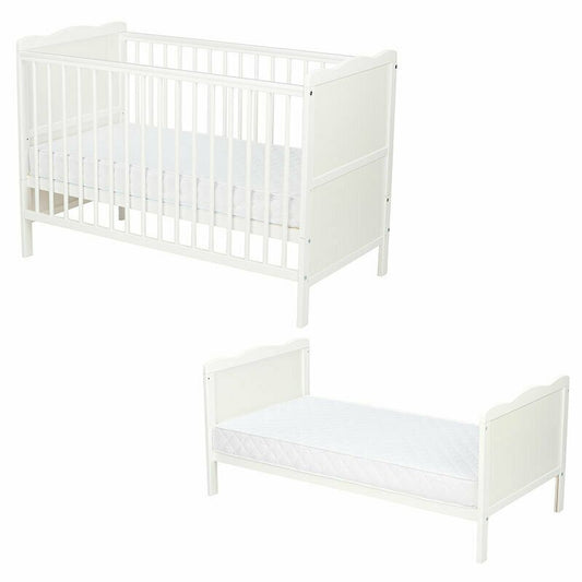 Patut din lemn bebe, 120x60 cm, Cu sina speciala pentru dentitie, Multifunctional, EN716-1, EN716-2, Alb, Qmini, Julia