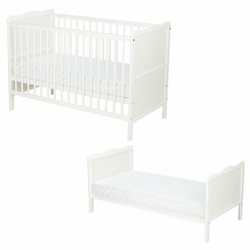 Patut din lemn bebe, 120x60 cm, Cu sina speciala pentru dentitie, Multifunctional, EN716-1, EN716-2, Alb, Qmini, Julia + Saltea 10 cm