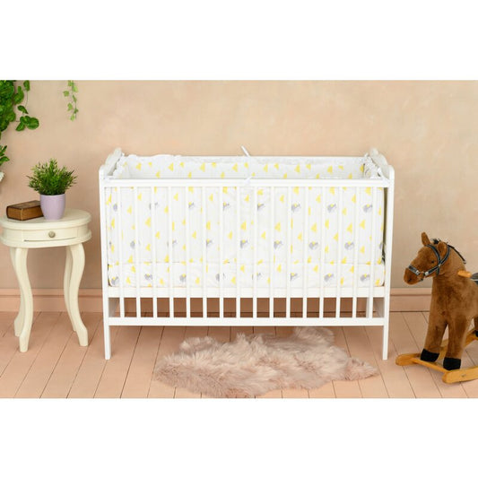 Patut din lemn bebe, 120x60 cm, Cu sina speciala pentru dentitie, Multifunctional, EN716-1, EN716-2, Alb, Qmini, Julia + Saltea 12 cm