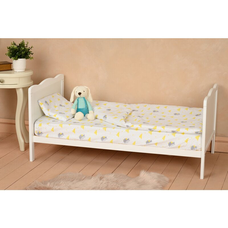 Patut din lemn bebe, 120x60 cm, Cu sina speciala pentru dentitie, Multifunctional, EN716-1, EN716-2, Alb, Qmini, Julia + Saltea 12 cm