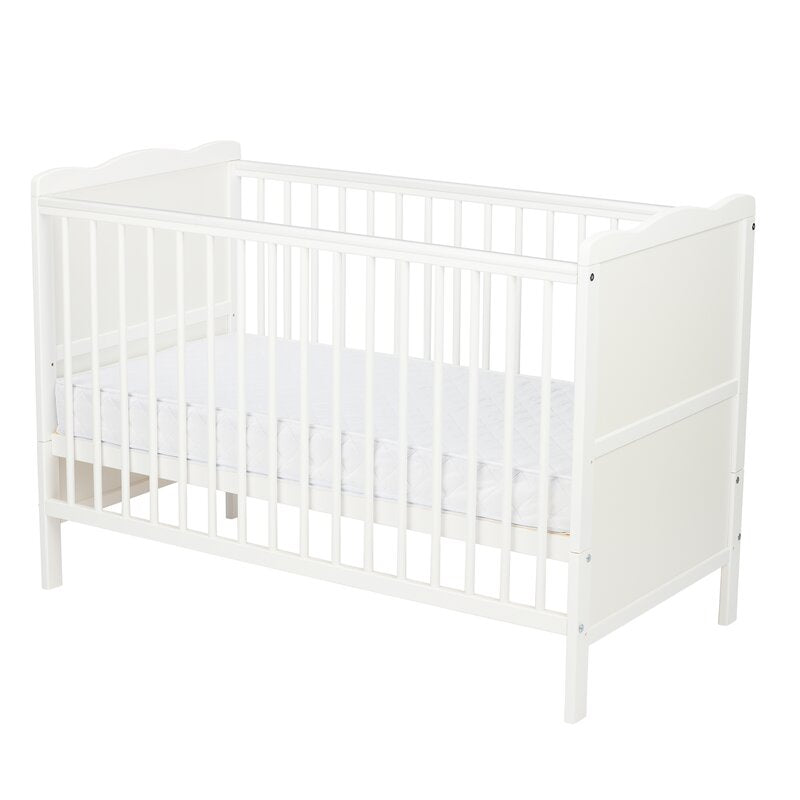 Patut din lemn bebe, 120x60 cm, Cu sina speciala pentru dentitie, Multifunctional, EN716-1, EN716-2, Alb, Qmini, Julia + Saltea 12 cm