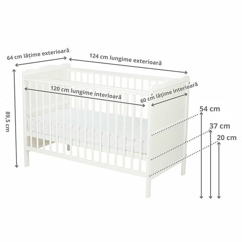 Patut din lemn bebe, 120x60 cm, Cu sina speciala pentru dentitie, Multifunctional, EN716-1, EN716-2, Alb, Qmini, Julia + Saltea 12 cm