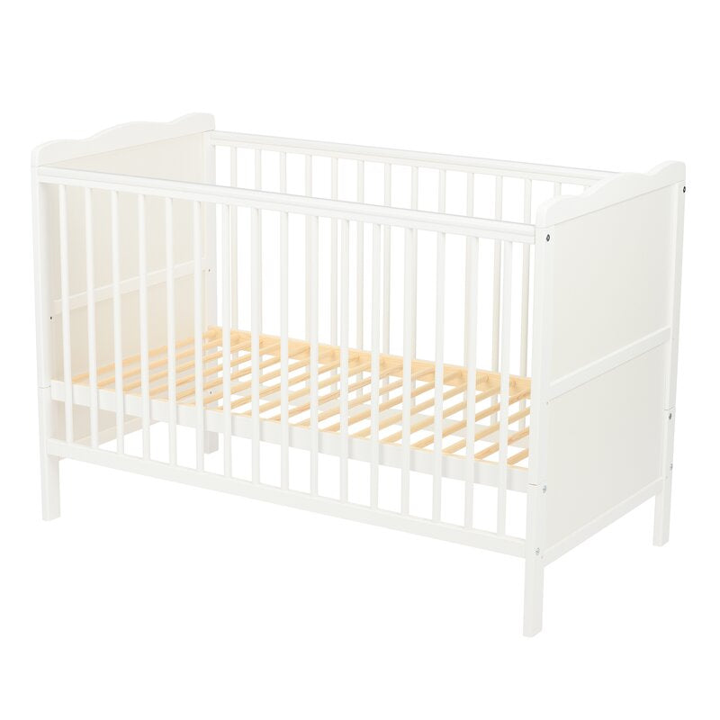 Patut din lemn bebe, 120x60 cm, Cu sina speciala pentru dentitie, Multifunctional, EN716-1, EN716-2, Alb, Qmini, Julia + Saltea 12 cm