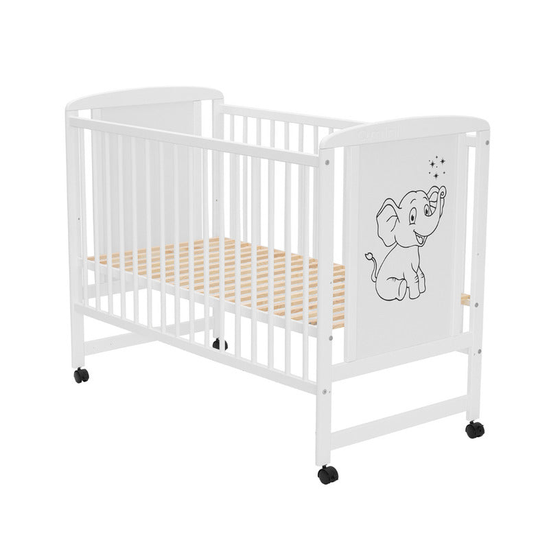 Patut din lemn bebe, 120x60 cm, Din lemn de pin si mdf, Stabil si rezistent, Inaltime saltea reglabila pe 3 nivele, Laterala cu 3 bete detasabile, EN716-1, EN716-2, Alb, Qmini, Timmi Elephant + Saltea 8 cm