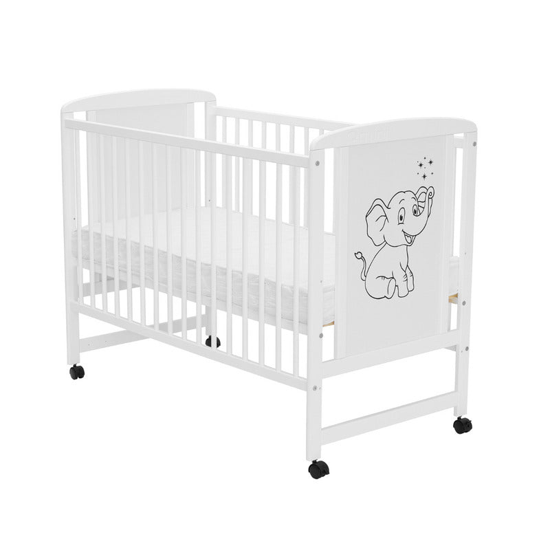 Patut din lemn bebe, 120x60 cm, Din lemn de pin si mdf, Stabil si rezistent, Inaltime saltea reglabila pe 3 nivele, Laterala cu 3 bete detasabile, EN716-1, EN716-2, Alb, Qmini, Timmi Elephant + Saltea 8 cm