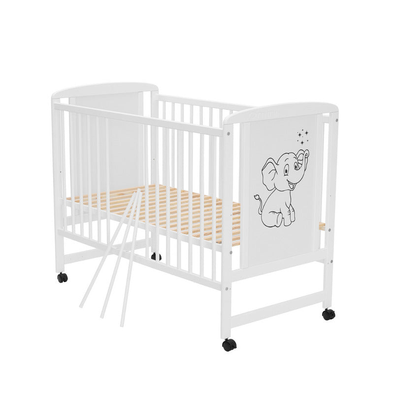 Patut din lemn bebe, 120x60 cm, Din lemn de pin si mdf, Stabil si rezistent, Inaltime saltea reglabila pe 3 nivele, Laterala cu 3 bete detasabile, EN716-1, EN716-2, Alb, Qmini, Timmi Elephant + Saltea 12 cm