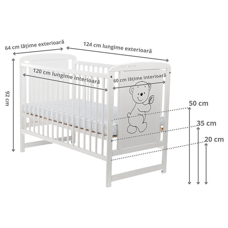 Pătuț BabyNeeds Timmi alb – schemă cu dimensiunile și cele trei înălțimi ale suportului de saltea