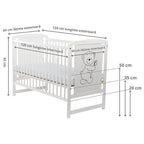 Pătuț BabyNeeds Timmi alb – schemă cu dimensiunile și cele trei înălțimi ale suportului de saltea