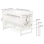 Pătuț BabyNeeds Timmi Girafa 120x60 cm alb – schemă cu dimensiunile și reglajele somierei