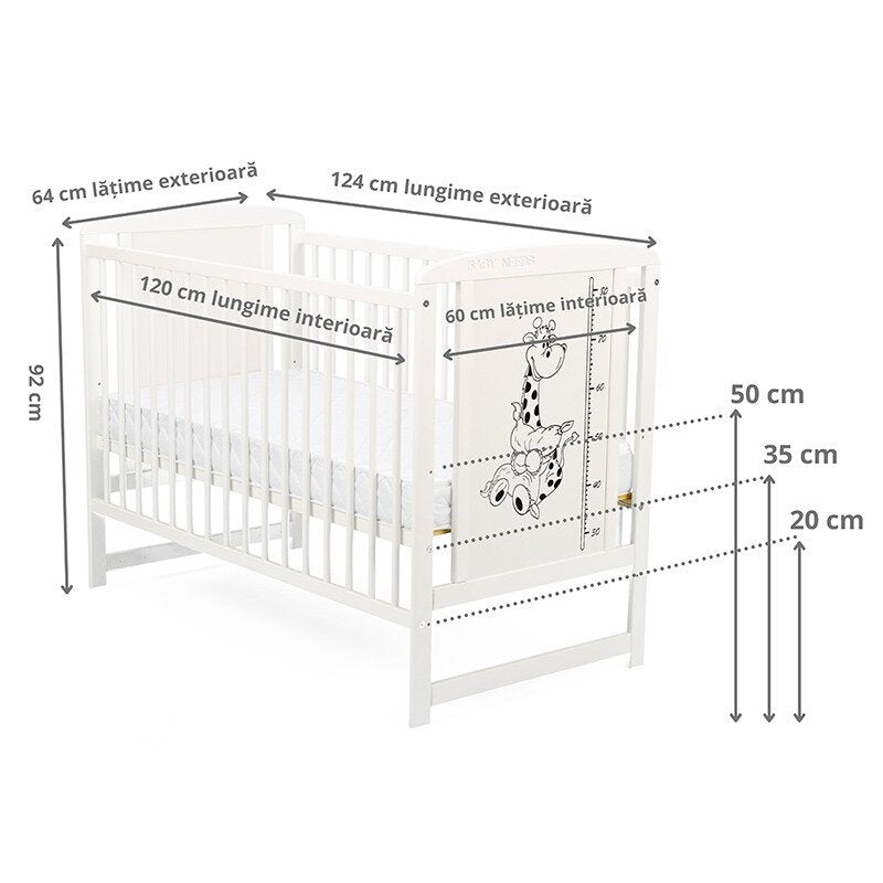 Pătuț BabyNeeds Timmi Girafa 120x60 cm alb – schemă cu dimensiunile și reglajele somierei