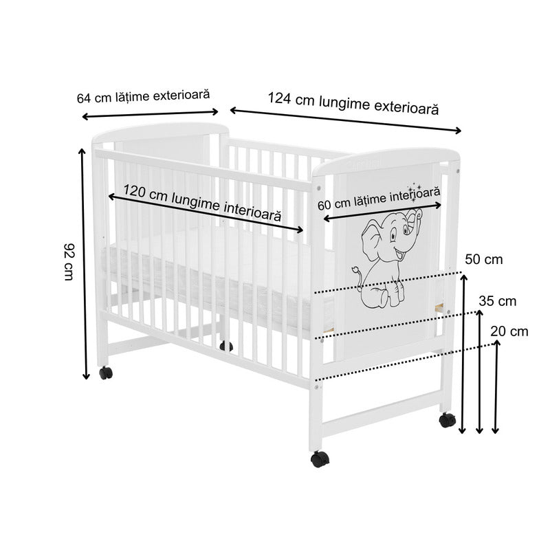 Patut din lemn bebe, 120x60 cm, Din lemn de pin si mdf, Stabil si rezistent, Inaltime saltea reglabila pe 3 nivele, Laterala cu 3 bete detasabile, EN716-1, EN716-2, Alb, Qmini, Timmi Elephant + Saltea 12 cm