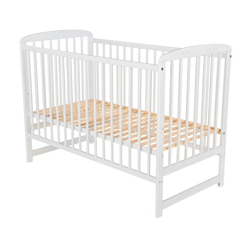 Patut din lemn bebe, 120X60 cm, Din lemn de pin, Stabil si rezistent, Inaltime saltea reglabila pe 3 nivele, Laterala cu 3 bete detasabile, EN716-1, EN716-2, Alb, Babyneeds, OlaÂ + Saltea 8 cm
