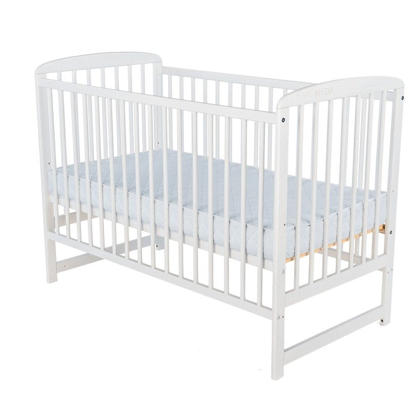 Patut din lemn bebe, 120x60 cm, Din lemn de pin, Stabil si rezistent, Inaltime saltea reglabila pe 3 nivele, Laterala cu 3 bete detasabile, EN716-1, EN716-2, Alb + Saltea 10 cm, Babyneeds, Ola